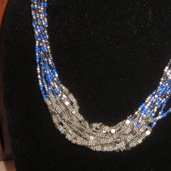 Blue & Silver Multi Strand Seed Bead Necklace - Picture 2 of 3